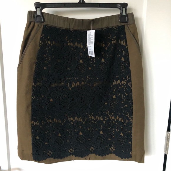 ANTHROPOLOGIE Rione Skirt Olive Black Lace Overlay - Picture 5 of 7